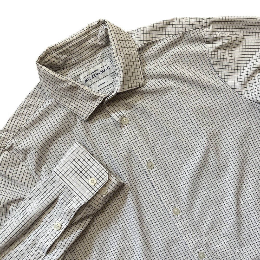 Mizzen + Main Button Up Trim Fit Shirt Mens Size L Checkered Modern Work White